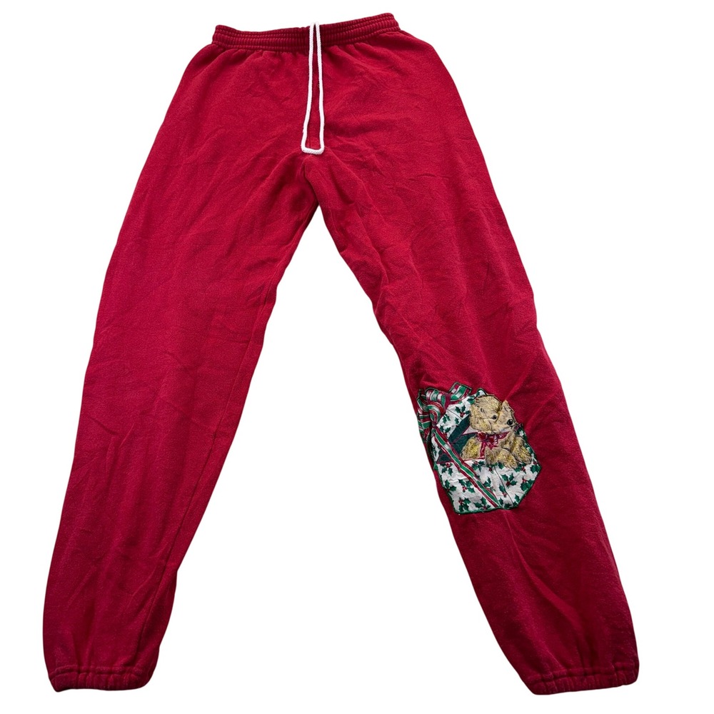 Jerzees Sweatpants Mens M Red Holiday Puppy Gift Box Vintage Made in USA Joggers